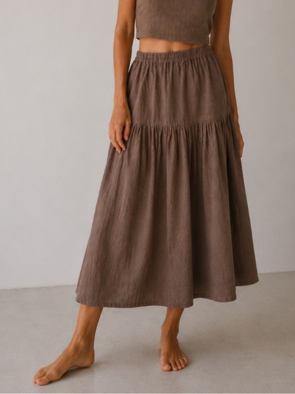 First Rite Amar 100% linen midi skirt Earth Brown elastic waistband XL